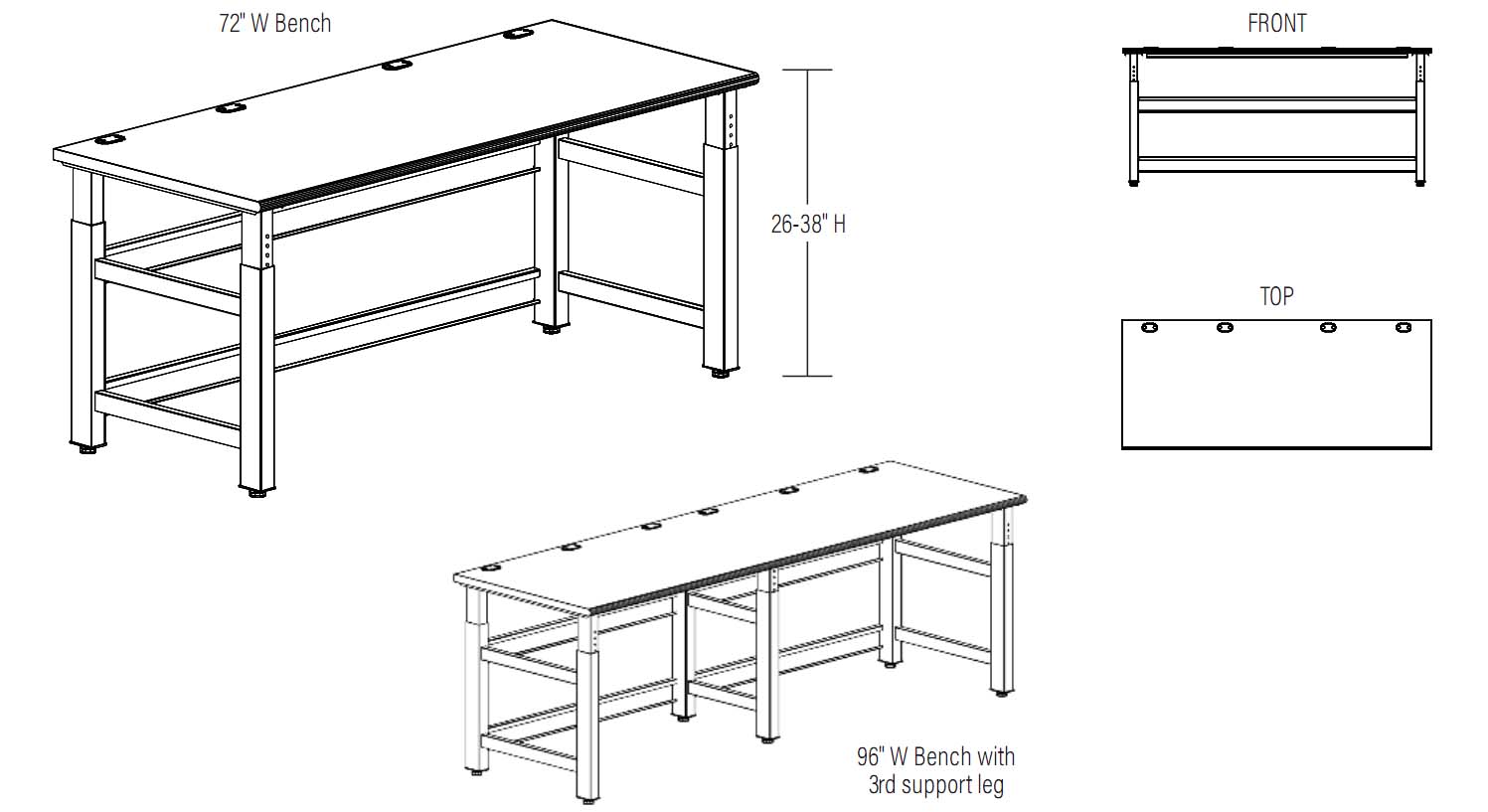 Safco TechWorks straight adjustable workbench with heavy-duty steel frame and laminate top, 72 inch model shown